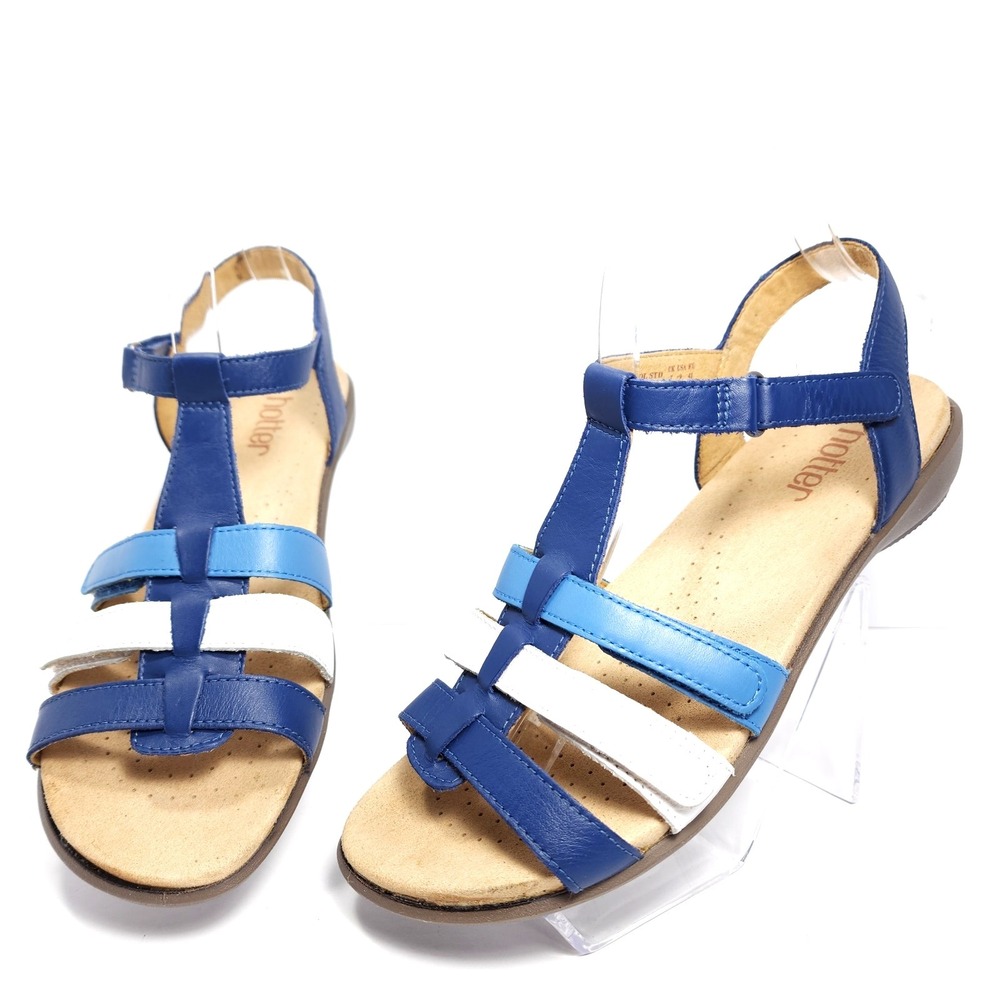 Hotter Soli Women's Leather Gladiator‎ Sandals STD Aquatic Blue & White Size 9